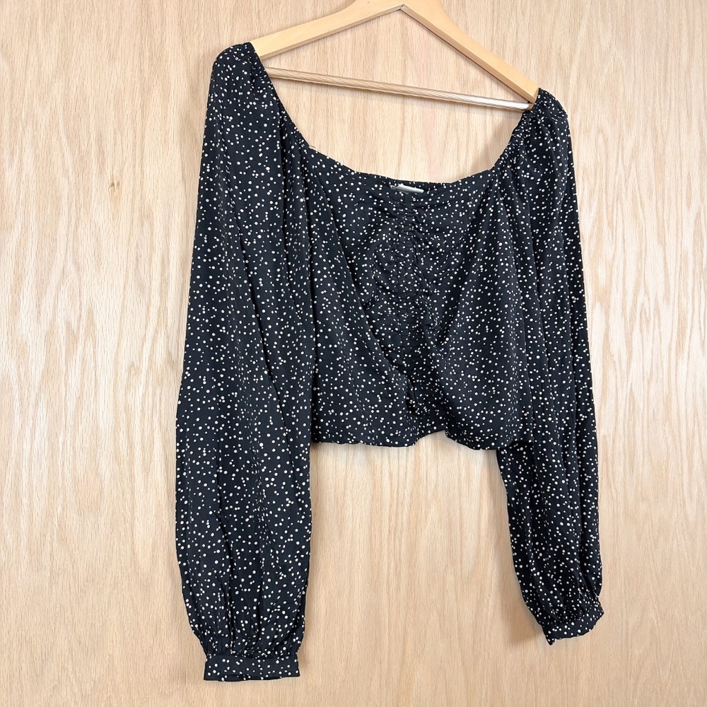 A New Day Black Polka Dot Ruched Long Sleeve Crop Top Medium - Picture 4 of 8